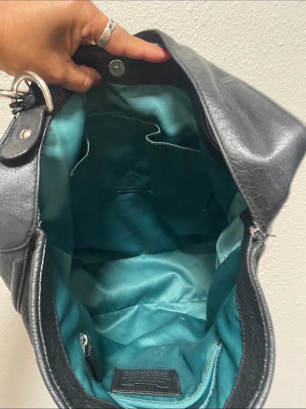 COACH Black Tumbled Leather Single Leather Wide Handle Shoulder Bag Teal Lining